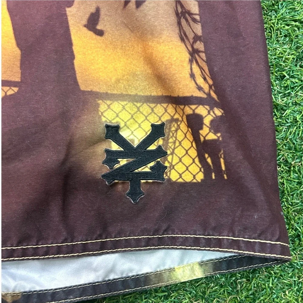 Zoo York Mens Board Shorts Brown Yellow NYC Skyline Graphic Swim Trunks Size 36